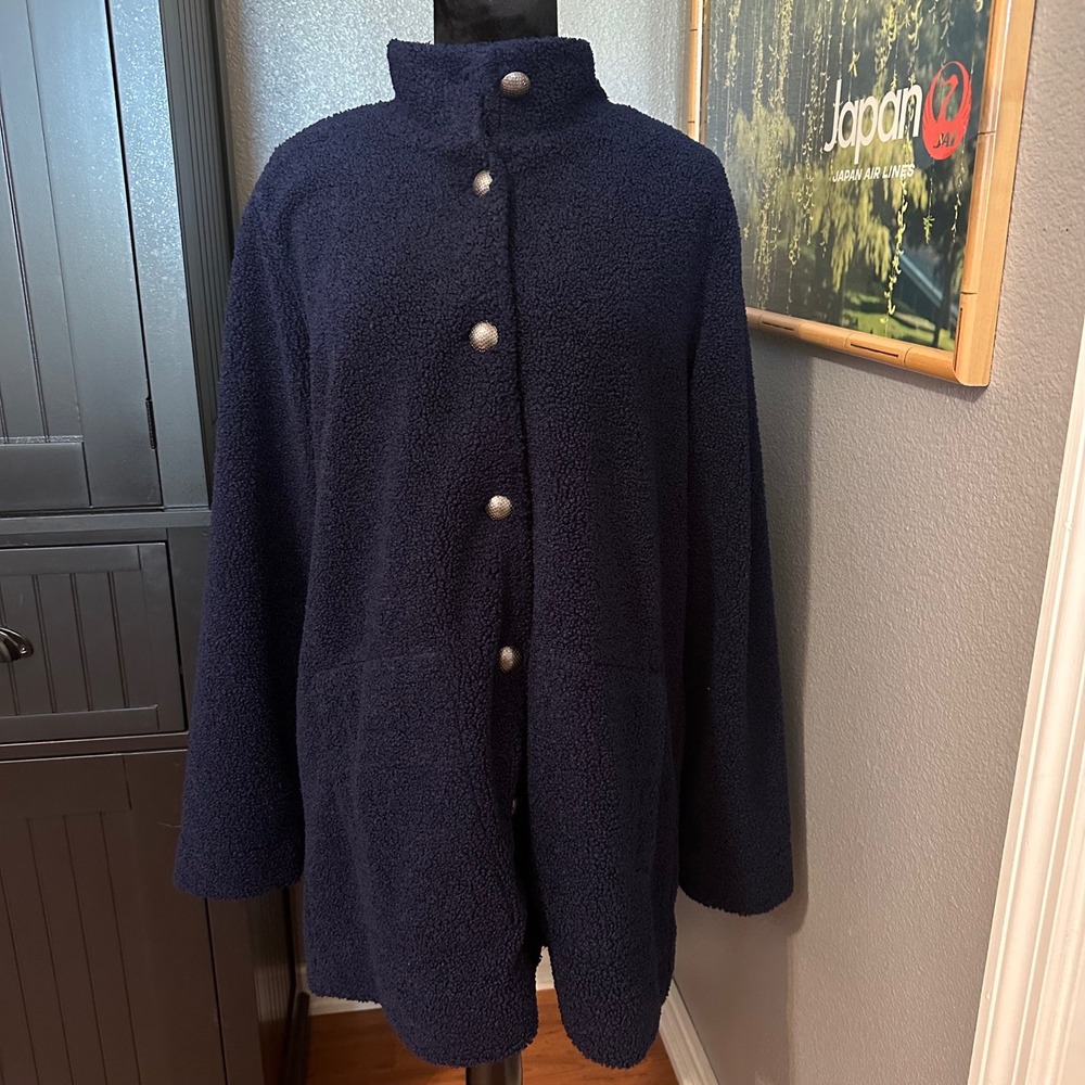 Susan Graver Weekend Jacket Womens XL Navy Sherpa Fleece Button Up Classic